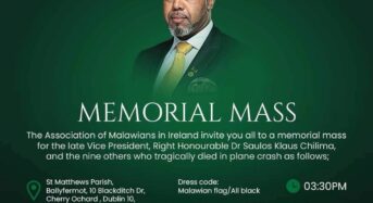 Malawians in Ireland to hold memorial mass for Chilima